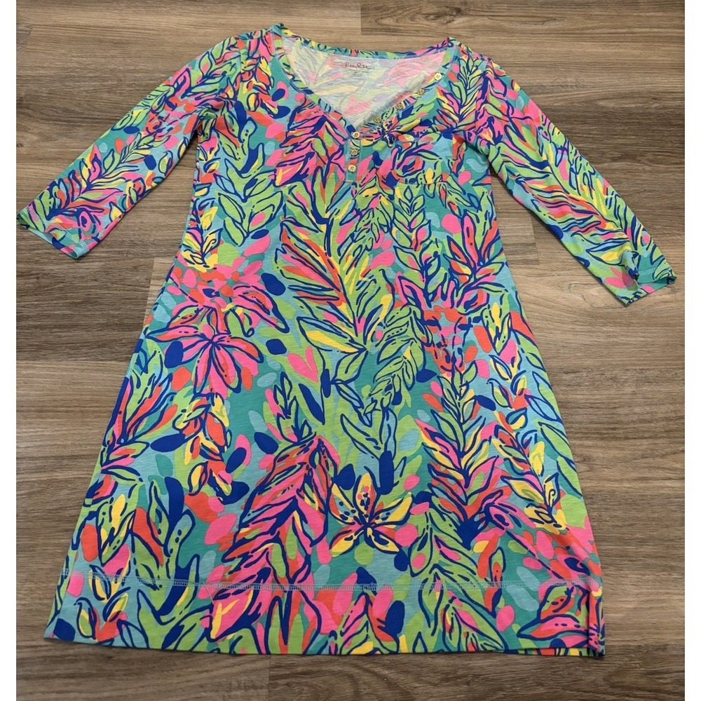 Lilly Pulitzer Multi Hot Spot Palmetto Mini Dress Medium V Neck Pima Cotton